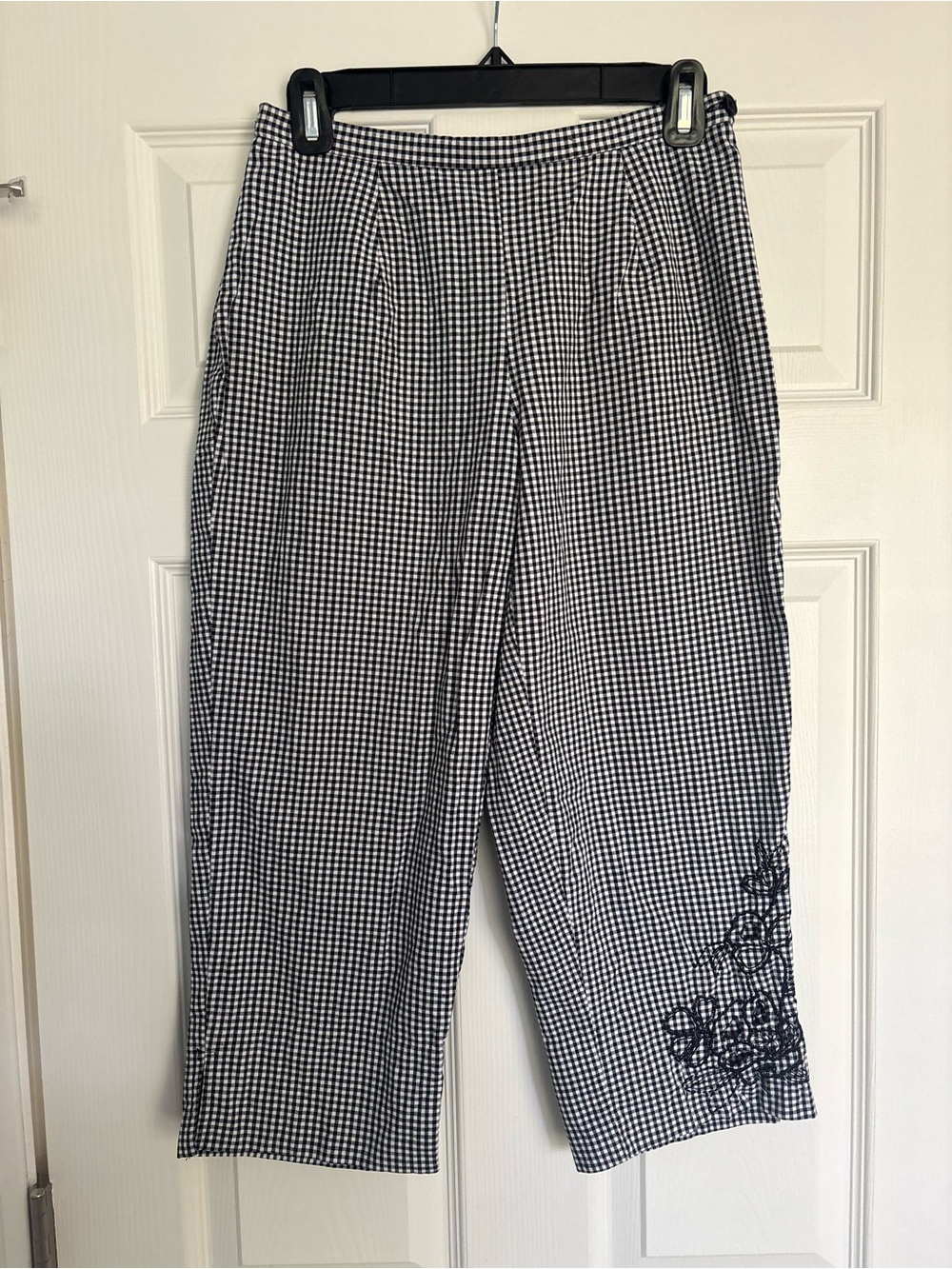Black & White Gingham Dress Pants with Embroidered Hem